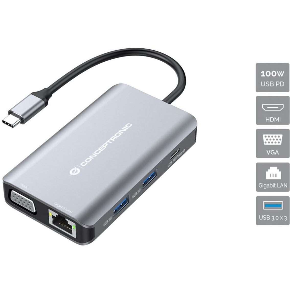 Conceptronic donn21g 7 en 1 3 x usb 3.0 - 1 x hdmi - 1 x vga - 1 x rj45 - 1 x usb tipo c