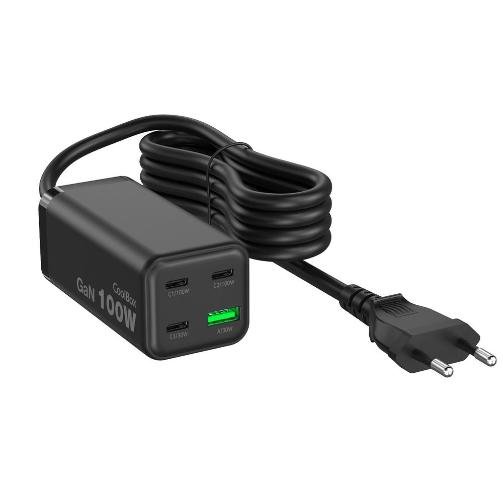 Coolbox 100w gan 3x usb tipo c - 1x usb tipo a negro cable 1.5m negro
