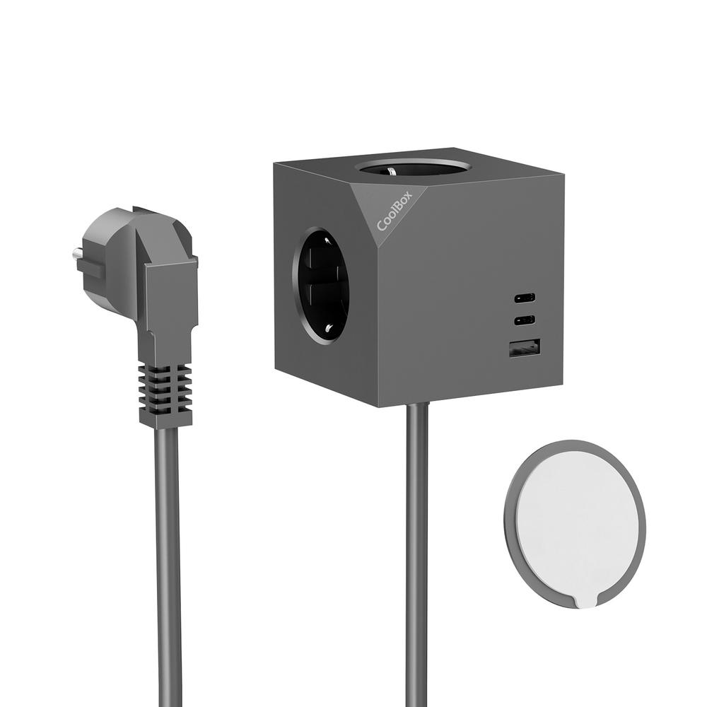 Coolbox cubik magnet 3 enchufes con carga usb c+a cable ac integrado