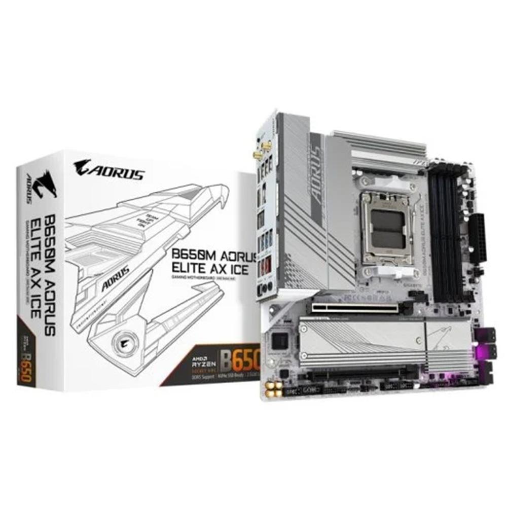 Gigabyte B650M AORUS ELITE AX ICE Placa base - AMD Ryzen serie 9000, VRM de 12+2+2 fases, hasta 8000 MHz DDR5 (OC), 1xPCIe 5.0 + 1xPCIe 4.0 M.2, LAN 2,5 GbE, WI
