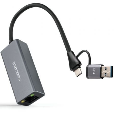 Adaptador USB Macho + USB Tipo-C Macho - RJ45 Nanocable 10.03.0411 1000Mbps