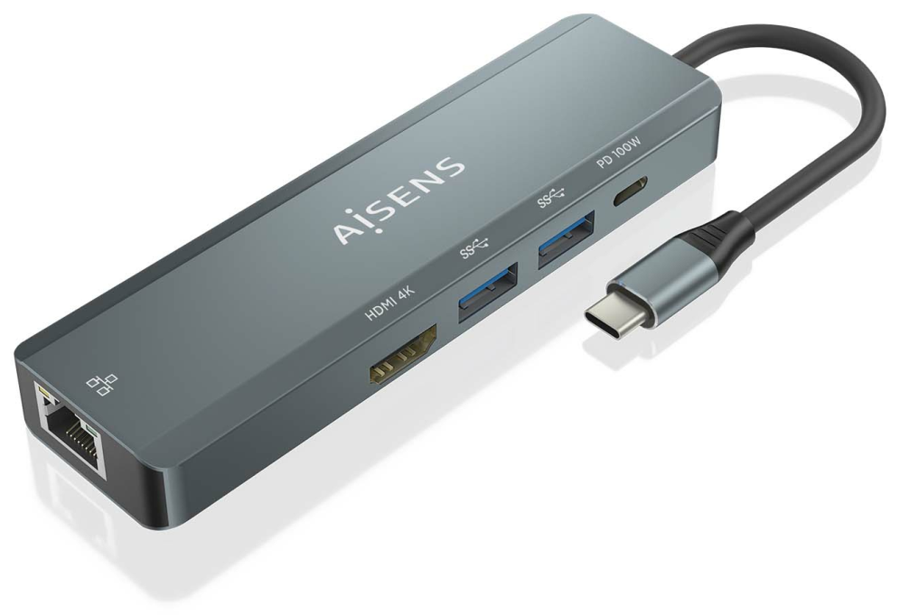 Docking USB Tipo-C Aisens ASUC-5P011-GR 1xHDMI 4K 2xUSB 1xRJ45 1xUSB Tipo-C 1xUSB Tipo-C PD Gris
