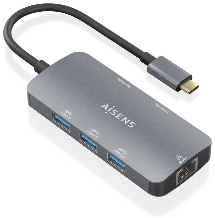 Docking USB Tipo-C Aisens ASUC-6P019-GR 1xHDMI 4K 3xUSB 1xRJ45 1xUSB Tipo-C PD Gris