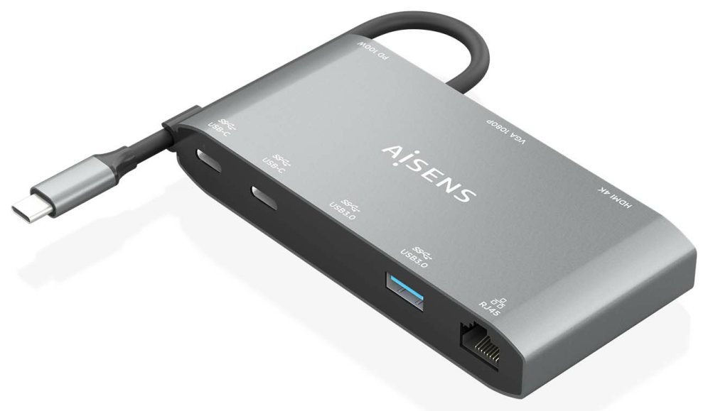 Docking USB Tipo-C Aisens ASUC-8P010-GR 1xHDMI 4K 1xVGA 2xUSB 1xRJ45 2xUSB Tipo-C 1xUSB Tipo-C PD Gris