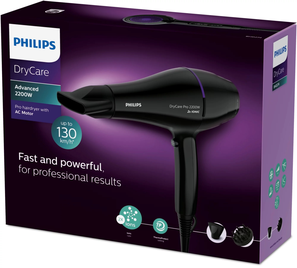 Secador Philips Drycare Pro BHD274 2200W Negro y Violeta