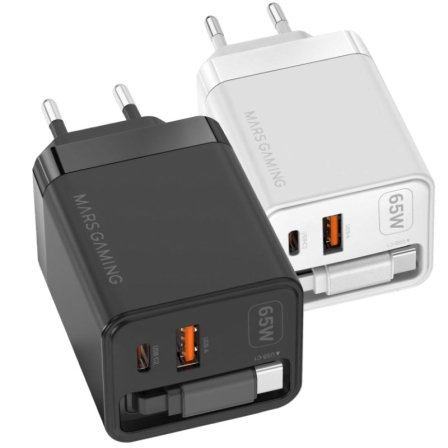 Cargador de Pared GaN Mars Gaming MD-GAN65R 1xUSB Tipo-C 1xUSB 65W Negro
