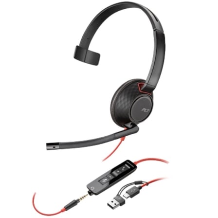 Auricular Poly Blackwire 5210 + Adaptador USB-C A con Micrófono Jack 3.5mm Negro