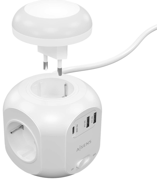 Regleta con Interruptor y Luz Nocturna Aisens ASPS-2A1CLPQ02-W 4 Tomas de Corriente 1 USB Tipo-C PD 2 USB Cable 1.8m Blanco
