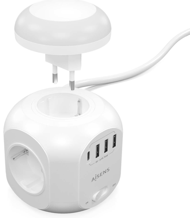Regleta con Interruptor y Luz Nocturna Aisens ASPS-3A1CL01-W 4 Tomas de Corriente 1 USB Tipo-C 3 USB Cable 1.8m Blanco