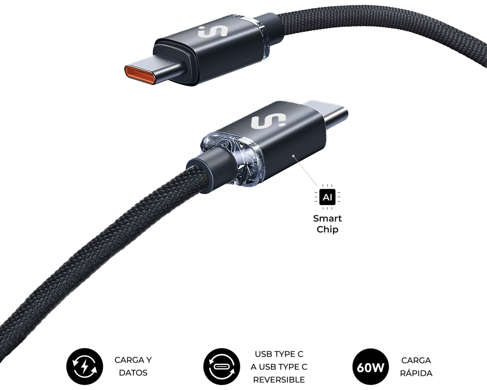 Cable USB 2.0 Tipo-C Subblim Optimus USB Tipo-C Macho - USB Tipo-C Macho Hasta 60W 480Mbps 1m Negro