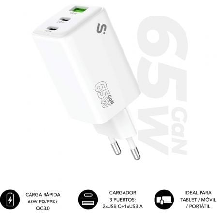 Cargador de Pared GaN Subblim 65W Charger USB C+C+A 2xUSB Tipo-C 1xUSB 65W