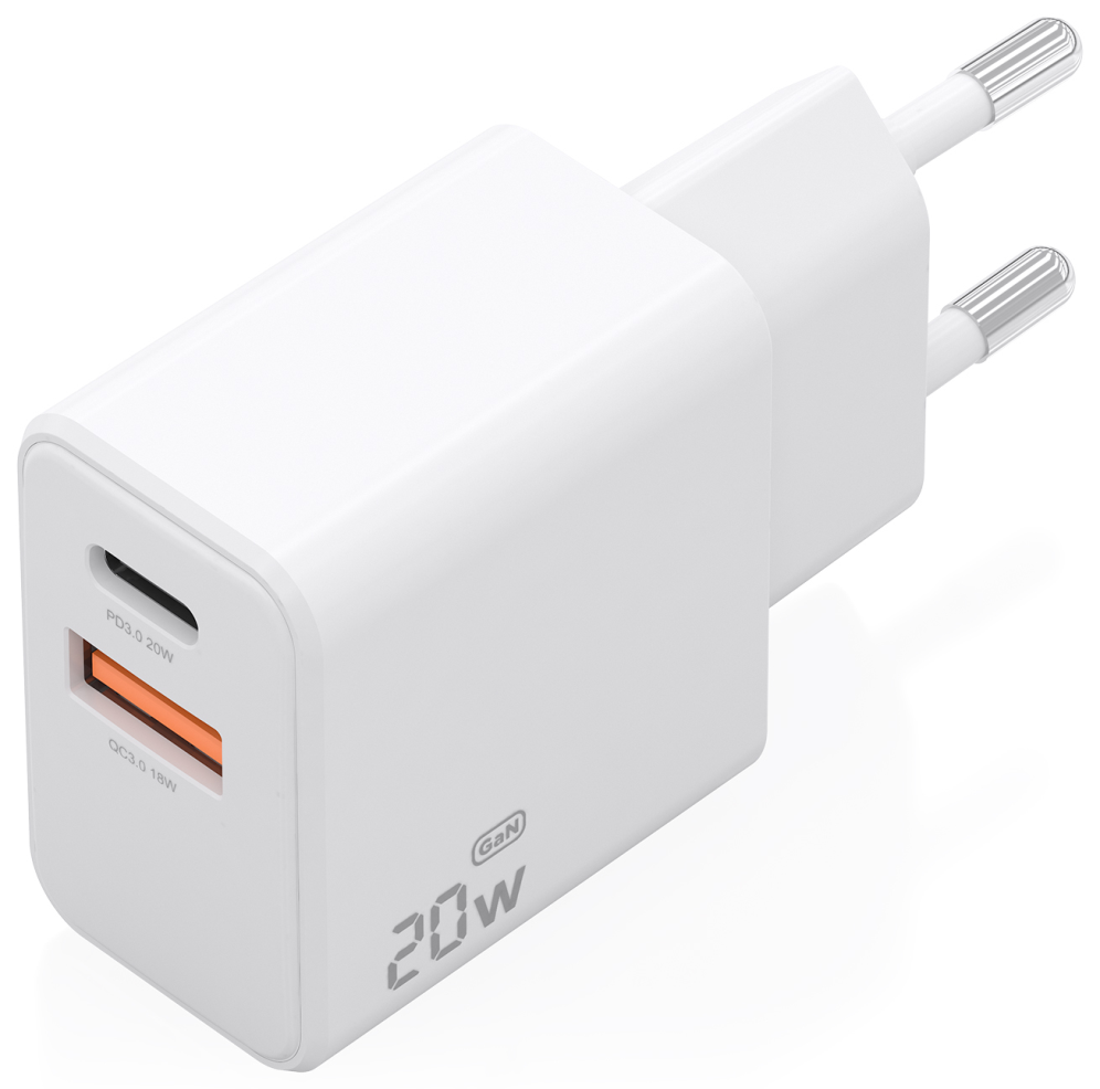 Cargador de Pared GaN Aisens A110-1025 1xUSB Tipo-C 1xUSB 20W Blanco
