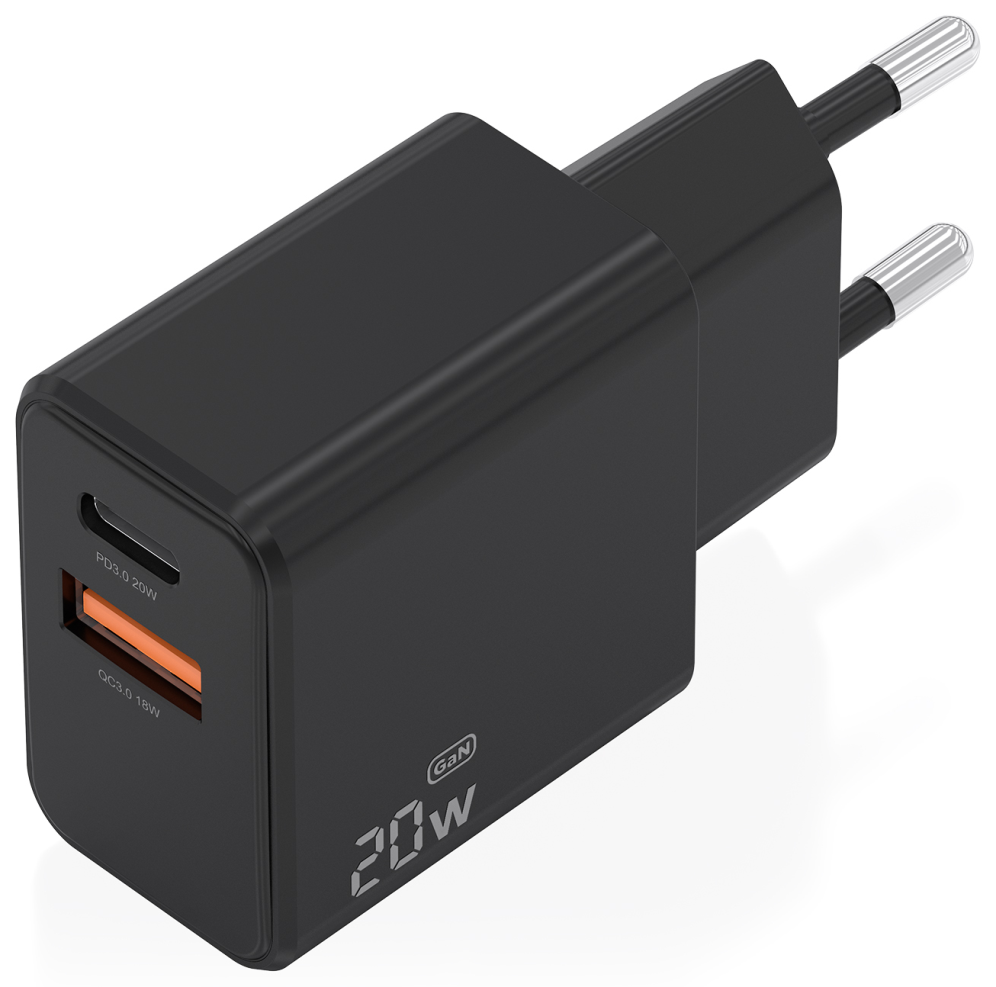 Cargador de Pared GaN Aisens A110-1026 1xUSB Tipo-C 1xUSB 20W Negro