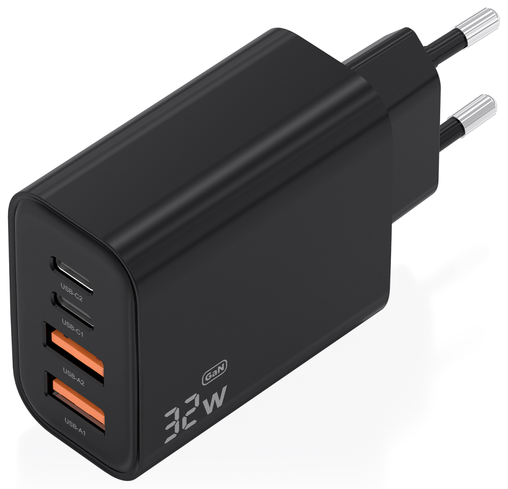 Cargador de Pared GaN Aisens A110-1028 2xUSB Tipo-C 2xUSB 32W Negro