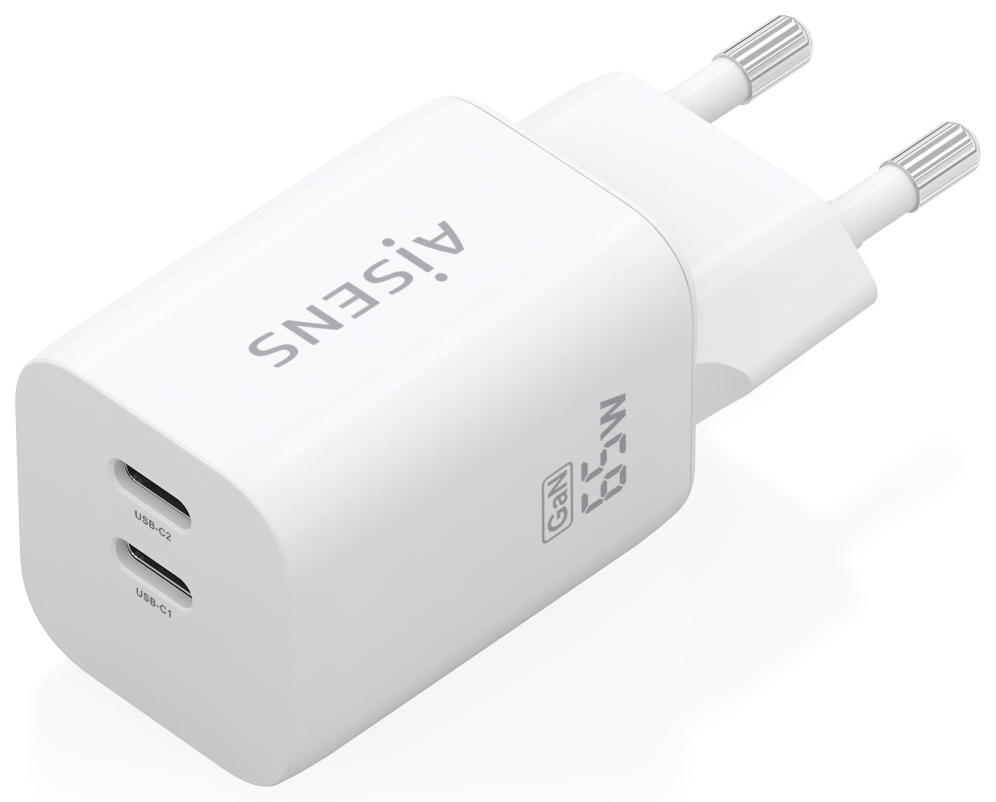 Cargador de Pared GaN Aisens A110-1029 2xUSB Tipo-C 65W Blanco