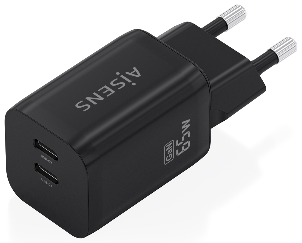 Cargador de Pared GaN Aisens A110-1030 2xUSB Tipo-C 65W Negro