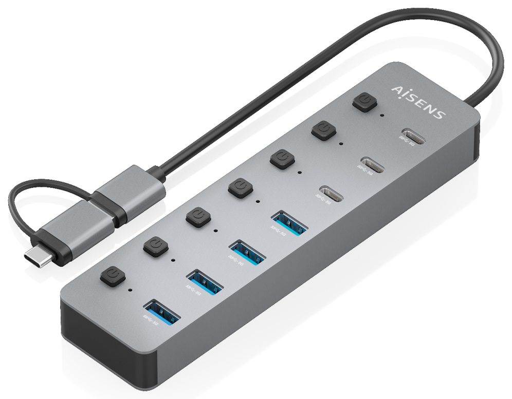 Hub USB Tipo-C + USB 3.1 Aisens ASUC-8P043-GR 4xUSB 3xUSB Tipo-C 1xUSB Tipo-C PD Gris