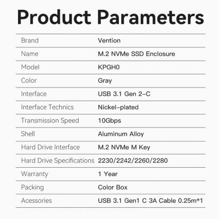 Caja Externa para Disco SSD M.2 NVMe Vention USB Tipo-C KPGH0 USB 3.1 Sin tornillos