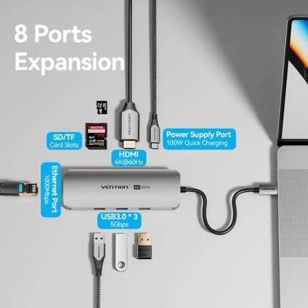 Docking USB Tipo-C Vention TQKHB 1xHDMI 4K 3xUSB 1xUSB Tipo-C PD 1xRJ45 1xLector de Tarjetas Gris