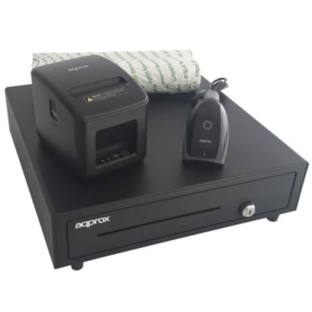 Pack Approx appPOSPACK4180LAN-2D Cajón Portamonedas Impresora Térmica Lector de Códigos y Rollos Térmicos
