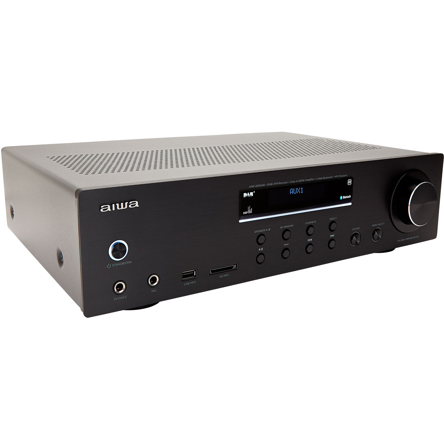 Aiwa AMR-200DAB BK · Amplificador estéreo 200 W RMS · DAB+ FM Bluetooth