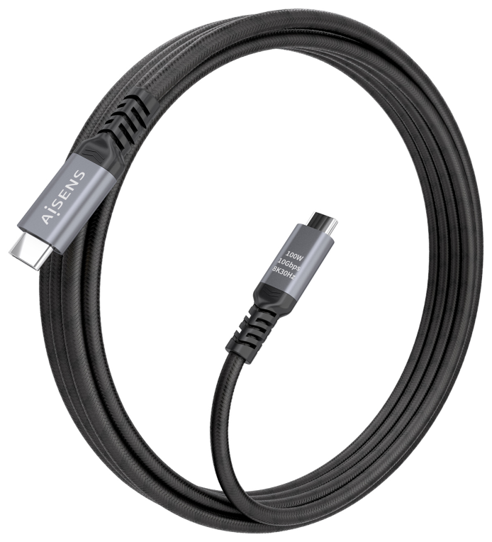 Cable USB 3.2 Tipo-C Aisens A107-0989 USB Tipo-C Macho - USB Tipo-C Macho Hasta 100W 10Gbps 4m Negro