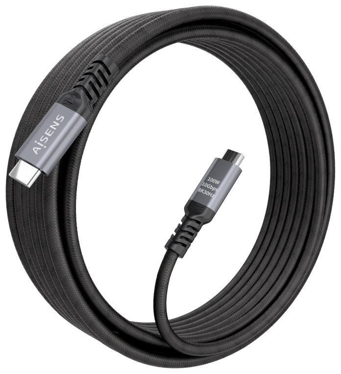 Cable USB 3.2 Tipo-C Aisens A107-0990 USB Tipo-C Macho - USB Tipo-C Macho Hasta 100W 10Gbps 5m Negro