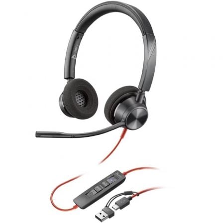 Auriculares Poly Blackwire 3320 para Microsoft Teams USB-C + Adaptador USB-C A con Micrófono USB Tipo-C Negros