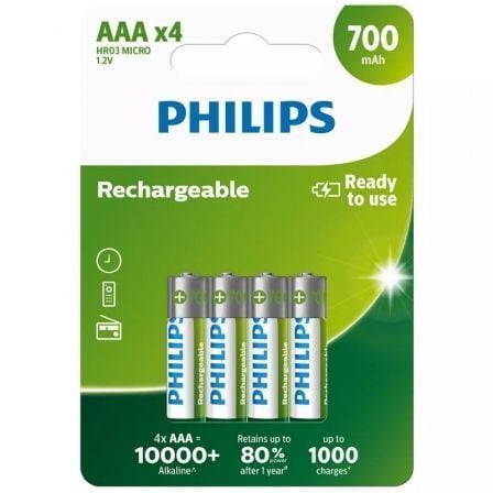 Pack de 4 Pilas AAA Philips R03B4A70 10 1.2V Recargables