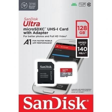 Tarjeta de Memoria SanDisk Ultra 128 GB microSD XC con Adaptador Clase 10 140MBs