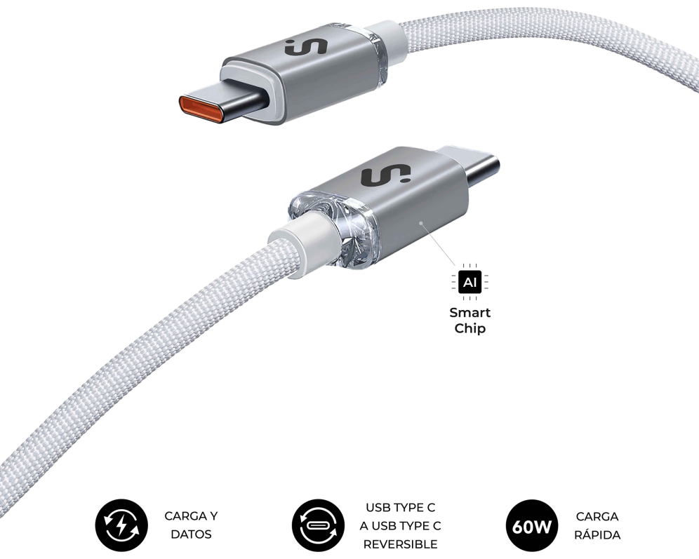 Cable USB 2.0 Tipo-C Subblim Optimus USB Tipo-C Macho - USB Tipo-C Macho Hasta 60W 480Mbps 1m Blanco