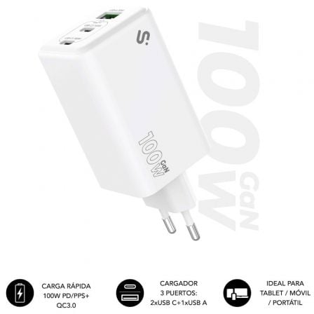 Cargador de Pared GaN Subblim 100W Charger USB C+C+A 2xUSB Tipo-C 1xUSB 100W