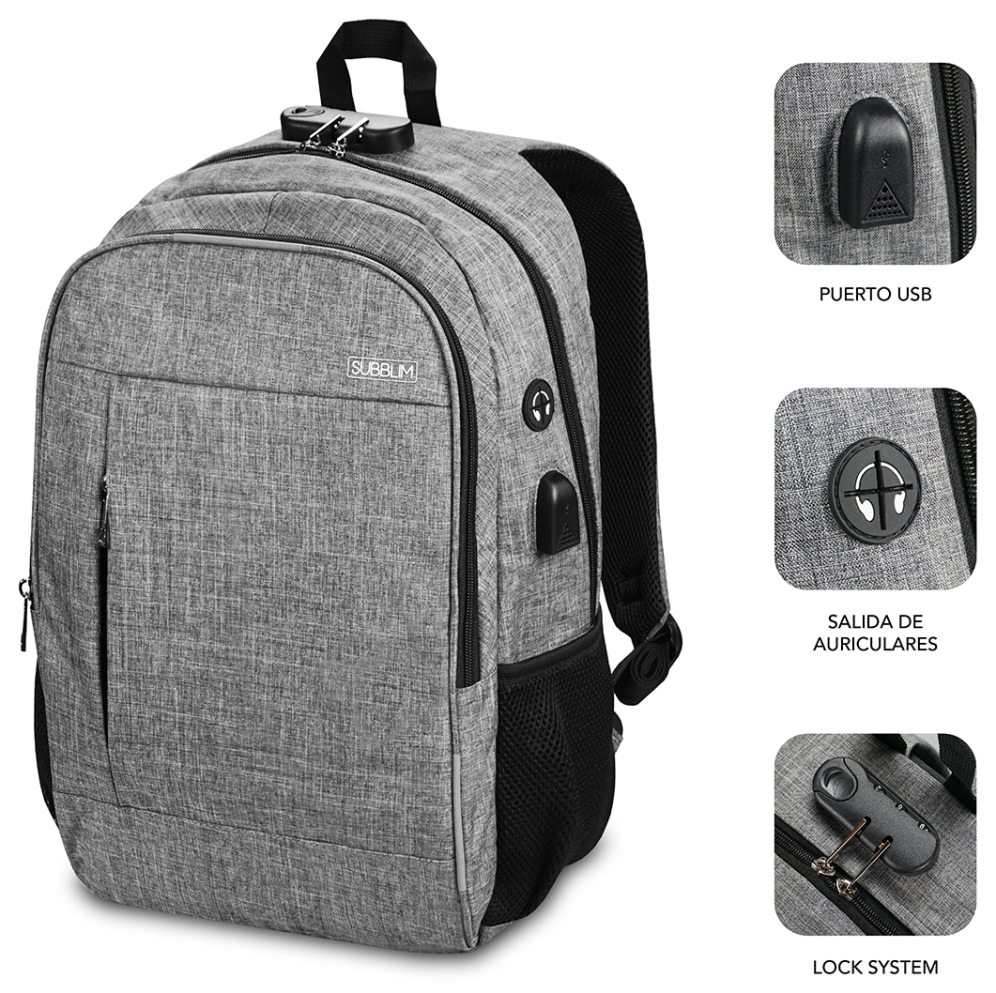 Mochila Subblim Urban Lock para Portátiles hasta 16 Puerto USB Antirrobo Gris