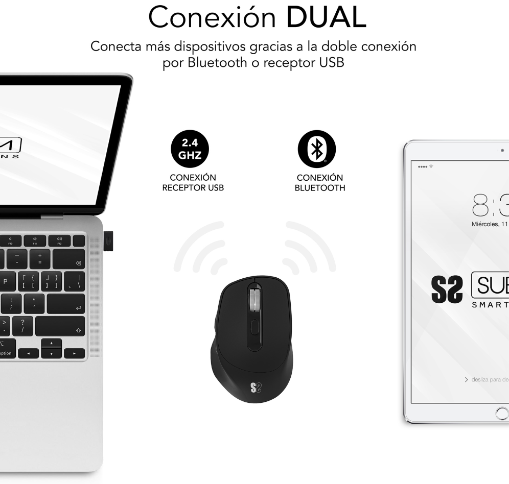 Ratón Ergonómico Inalámbrico Subblim Comfort Ergo Dual Battery Batería recargable Hasta 2400 DPI Negro