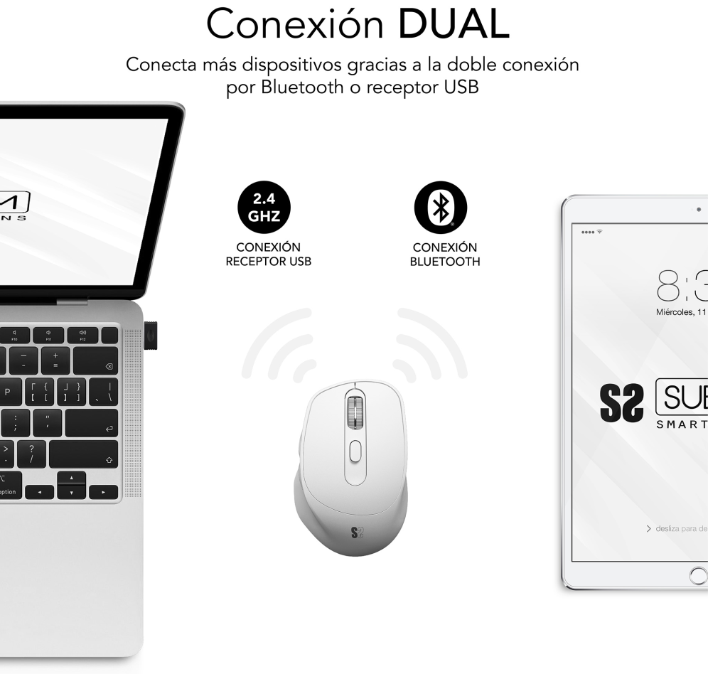 Ratón Ergonómico Inalámbrico Subblim Comfort Ergo Dual Battery Batería recargable Hasta 2400 DPI Blanco