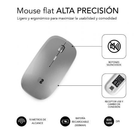 Ratón Inalámbrico Subblim Dual Flat Batería recargable Hasta 1600 DPI Plata