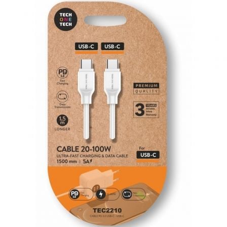 Cable USB 2.0 Tipo-C Tech One Tech TEC2210 USB Tipo-C Macho - USB Tipo-C Macho Hasta 100W 480Mbps 1.5m Blanco