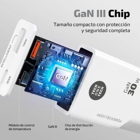 Cargador de Pared GaN Tech One Tech GaN TEC2230 1xUSB Tipo-C 1xUSB 30W Blanco