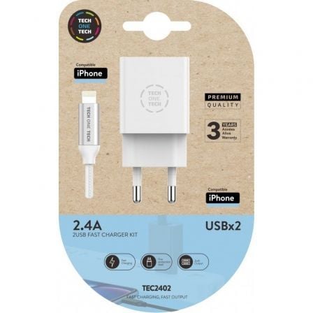 Cargador de Pared Tech One Tech TEC2402 2xUSB + Cable Lightning 12W Blanco