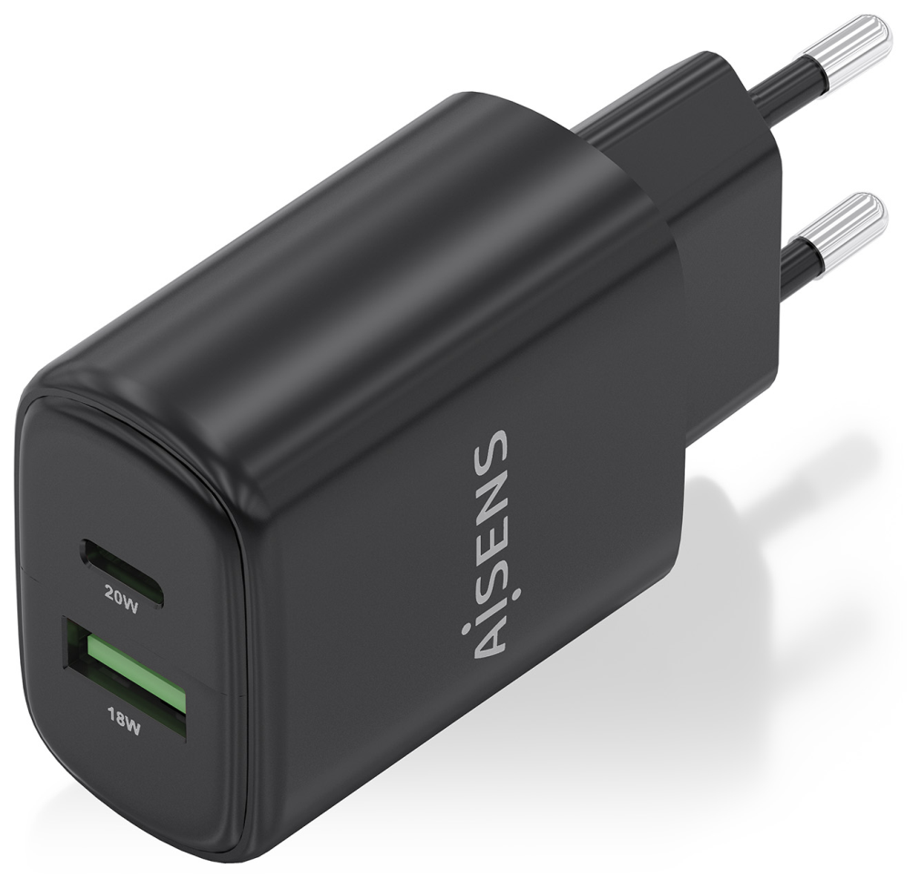 Cargador de Pared GaN Aisens A110-0910 1xUSB Tipo-C 1xUSB 20W Negro