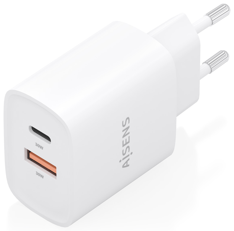 Cargador de Pared GaN Aisens A110-0952 1xUSB Tipo-C 1xUSB 30W Blanco