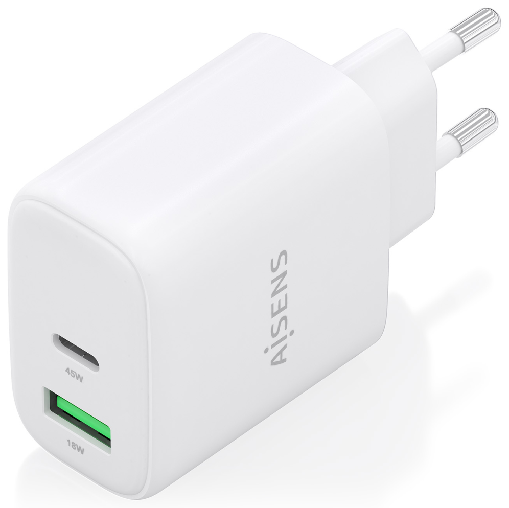 Cargador de Pared GaN Aisens A110-0971 1xUSB Tipo-C 1xUSB 45W Blanco