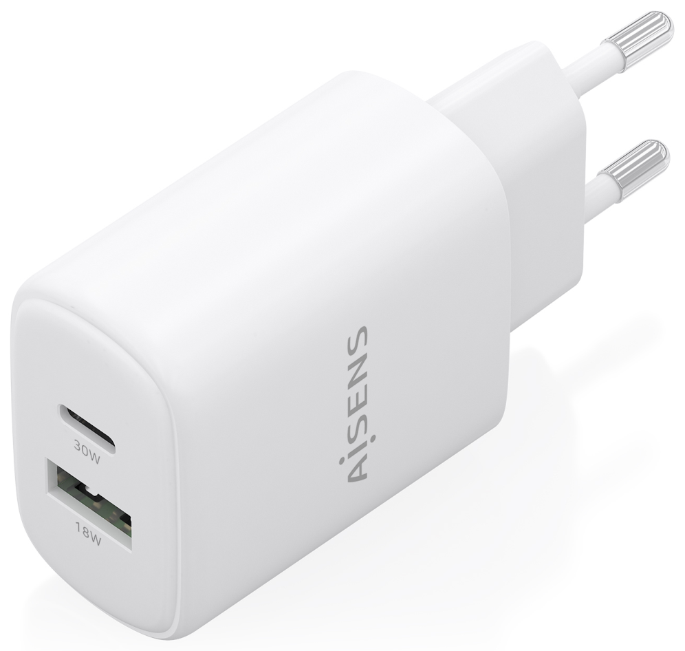 Cargador de Pared GaN Aisens A110-0977 1xUSB Tipo-C 1xUSB 30W Blanco