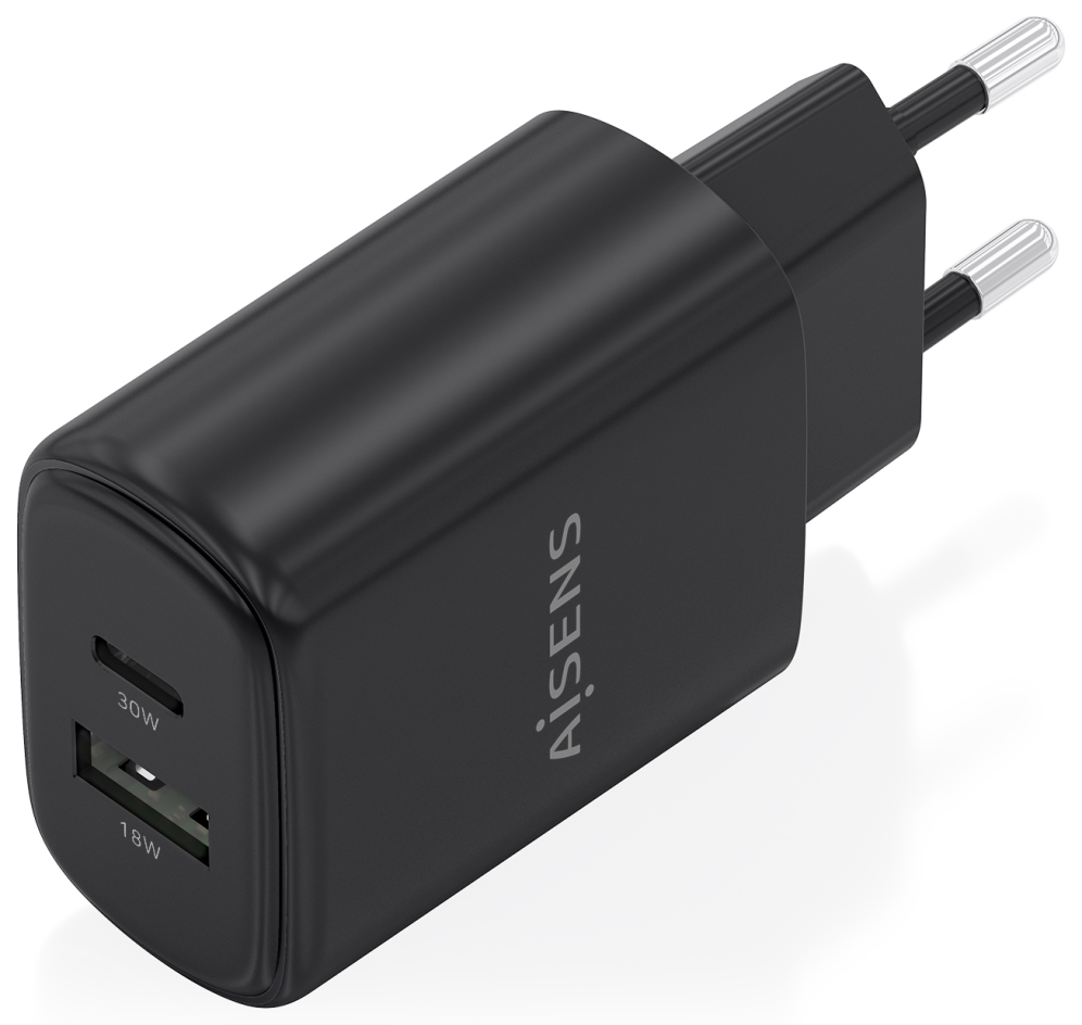 Cargador de Pared GaN Aisens A110-0978 1xUSB Tipo-C 1xUSB 30W Negro