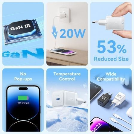 Cargador de Pared GaN Vention TZ-FEPW0-EU-02 1xUSB Tipo-C + Cable Lightning 20W
