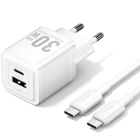Cargador de Pared GaN Vention TZ-FEQW0-EU-01 1xUSB Tipo-C 1xUSB + Cable USB Tipo-C 30W