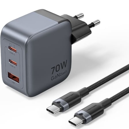 Cargador de Pared GaN Vention TZ-FEXH0-EU 2xUSB Tipo-C 1xUSB + Cable USB Tipo-C 70W