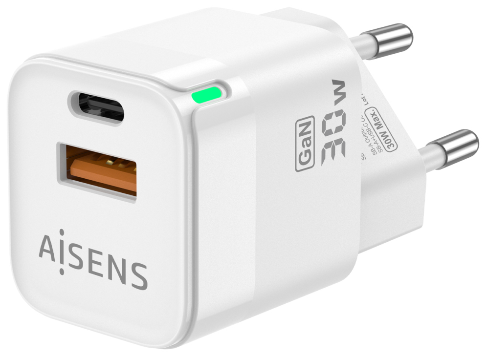 Cargador de Pared GaN Aisens ASCH-30W2P004-W 1xUSB Tipo-C 1xUSB 30W