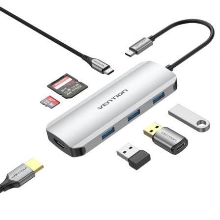Docking USB Tipo-C Vention TOJHB 1xHDMI 4K 3xUSB 1xUSB Tipo-C 1xLector Tarjetas Gris