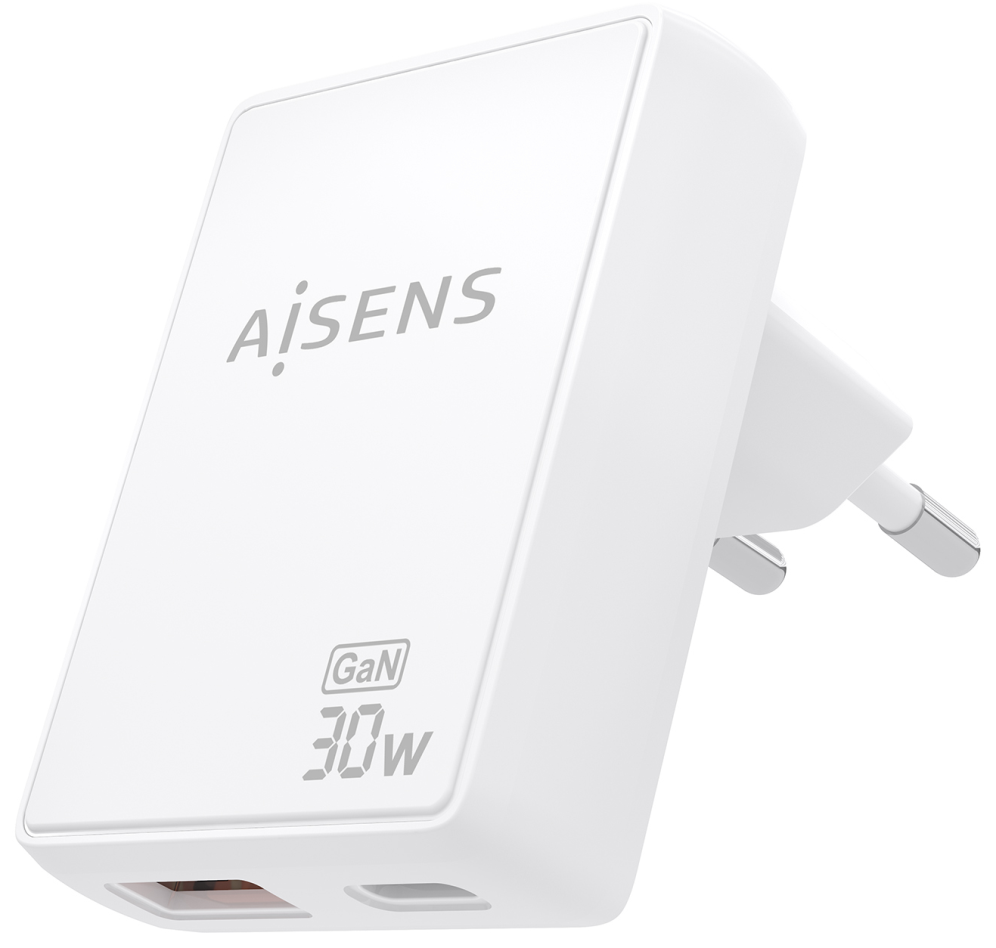 Cargador de Pared GaN Aisens ASCH-30W2P074-W 1xUSB Tipo-C 1xUSB 30W Blanco